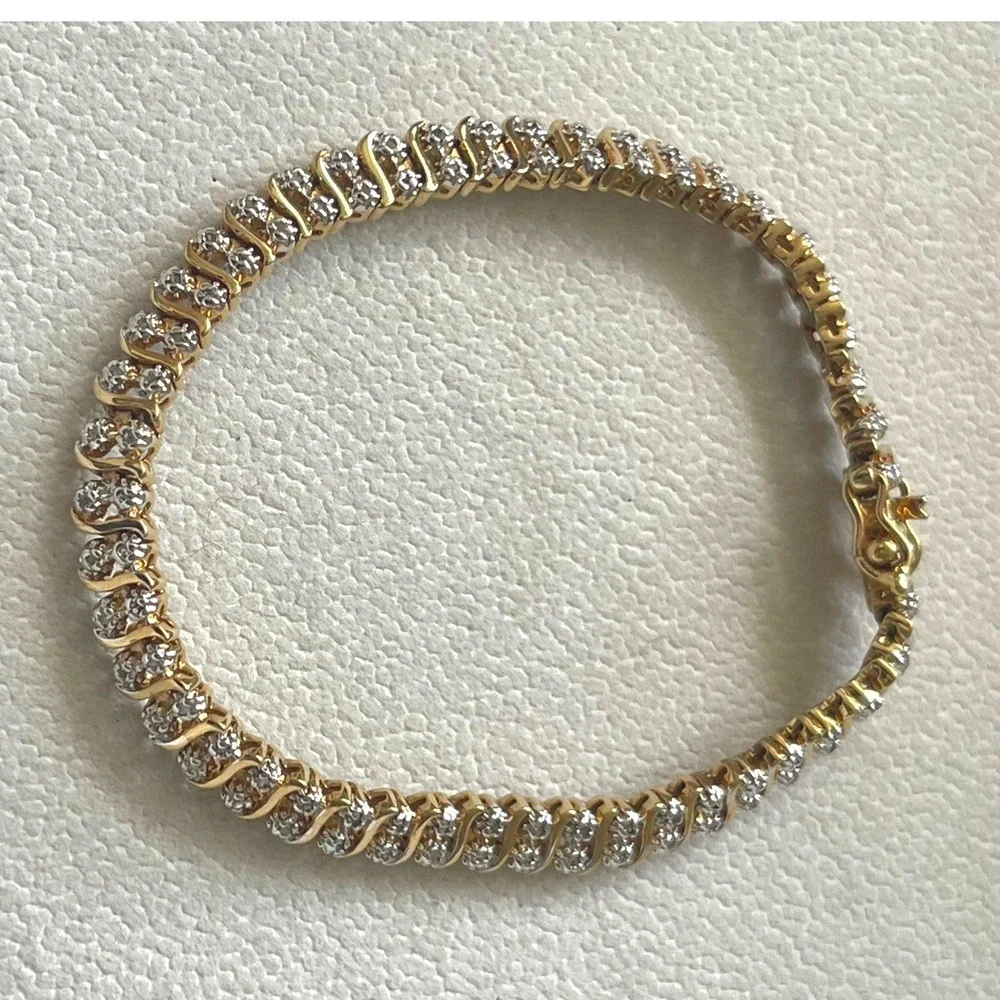 Vtg 925 Sterling Silver Gold Vermeil CZ Tennis Bracelet 7.25" Wave Link Design - Picture 3 of 10